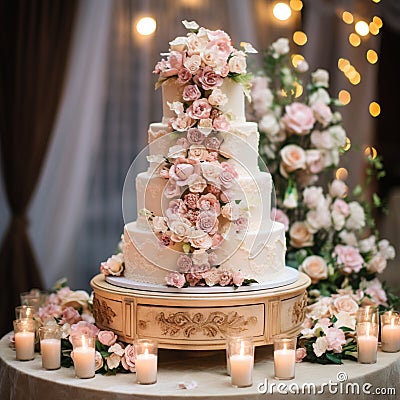 Multi-tiered wedding cake with vintage charm and intricate detailing Stock Photo