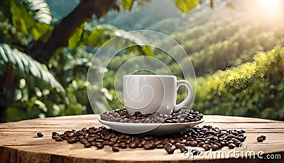 An AI-generated hot coffee cup, adorned with organic coffee beans, rests on a wooden table against the backdrop of lush Stock Photo