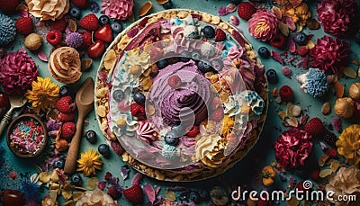 Indulgent chocolate dessert with raspberry and blueberry decoration levitating above plate generated by AI Stock Photo