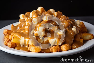 indulgent close-up shot of poutine made with crispy tater tots, savory gravy, and a generous serving of cheese curds Stock Photo