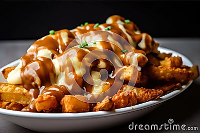 indulgent close-up shot of poutine made with crispy tater tots, savory gravy, and a generous serving of cheese curds Stock Photo