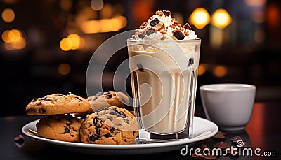 Indulgent dessert chocolate chip cookie, coffee, whipped cream, heavenly generated by AI Stock Photo