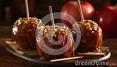 Indulgent dessert gourmet caramel dipped fruit on a chocolate skewer generated by AI Stock Photo