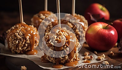 Indulgent dessert homemade caramel apple dipped in dark chocolate generated by AI Stock Photo
