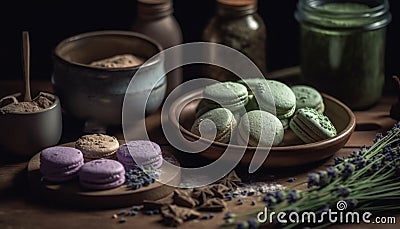 Indulgent French macaroon stack on rustic wood table, ready to eat generated by AI Stock Photo
