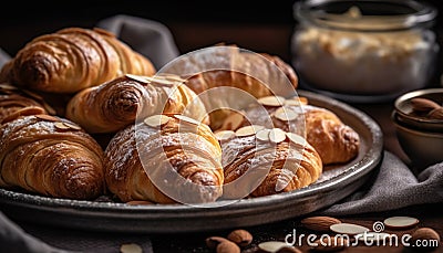 Indulgent French pastry basket with fresh croissants and chocolate brioche generated by AI Stock Photo