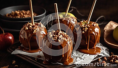 Indulgent gourmet dessert homemade caramel toffee dipped in dark chocolate generated by AI Stock Photo