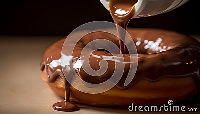 Indulgent homemade donut with dark chocolate icing and melting cream generated by AI Stock Photo