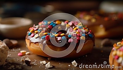 Indulgent homemade donuts stacked high on plate generated by AI Stock Photo