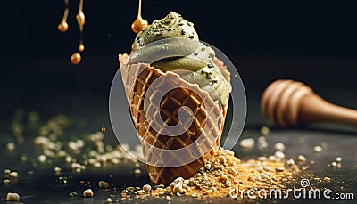 Indulgent homemade ice cream cone with caramel generated by AI Stock Photo