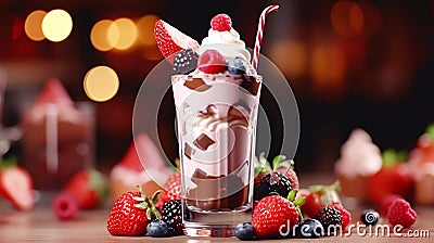 Indulgent milkshakes desserts sweet chocolate berry fruits background Stock Photo
