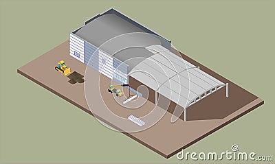 Indusrial warehouse building process. Isometric illustration of house construction. Vector Illustration