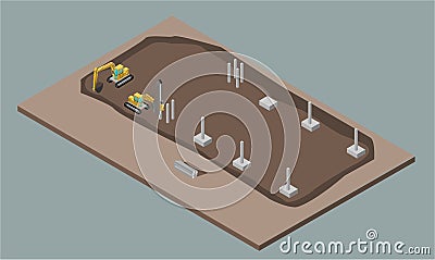 Indusrial warehouse building process. Isometric illustration of house construction. Vector Illustration