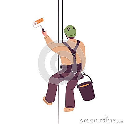 Industrial alpinist hanging on harness at height, painting wall with roller and bucket. Highrise worker suspended on Vector Illustration