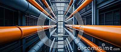 Industrial Architecture with Dynamic Pipe Systems. Generative ai. Stock Photo