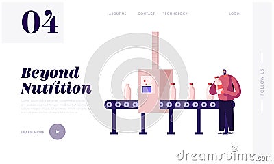 Industrial Automation Process Website Landing Page. Man Take Milk Bottle from Factory Conveyor Belt. Dairy Production Vector Illustration