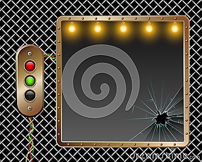 Industrial background. Metal frame. Brass buttons with illumination. Broken glass. Illumination by lamps. Stock Photo