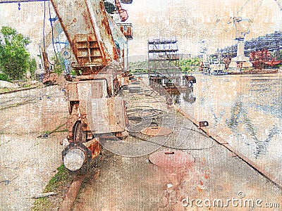 Industrial background. Portal cranes on the docks of an abandone Stock Photo