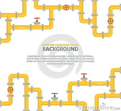Industrial background with yellow pipeline. Oil, water or gas pipeline with fittings and valves. Vector Illustration