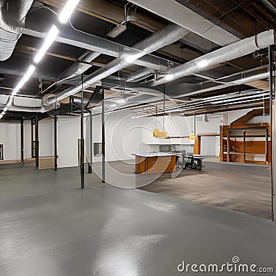 Industrial basement with concrete floors and exposed ductwork3, Generative AI Stock Photo