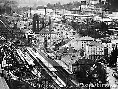 Industrial block of city with train main station viewed from Pastyrska stena prospect in Decin city in December 2017 Stock Photo