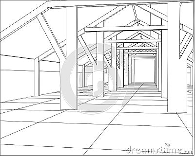 Industrial building constructions indoor. Tracing illustration of 3d Vector Illustration