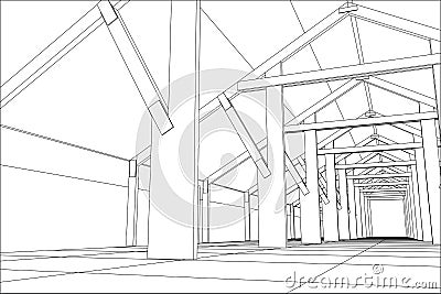 Industrial building constructions indoor. Tracing illustration of 3d Vector Illustration