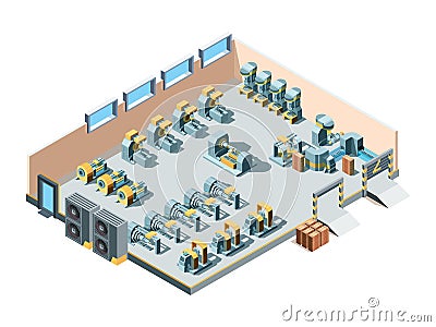 Industrial building. Isometric factory interior production heavy steel machines mechanic manufacturing equipment Vector Illustration
