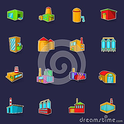 Industrial building plants and factories icons set vector sticker Vector Illustration