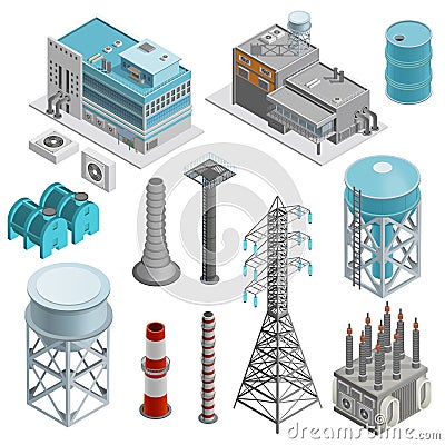 Industrial Buildings Isometric Icons Set Vector Illustration