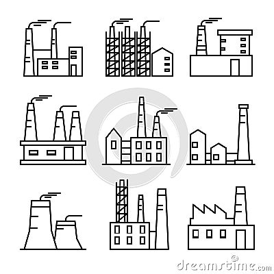 Industrial buildings thin line icons set. Plant and factrories. Heavy industry power and nuclear plants. Vector Illustration