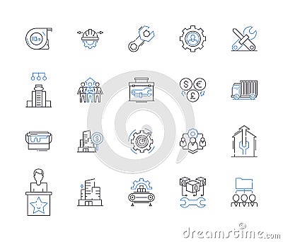 Industrial business outline icons collection. Industry, Business, Manufacturing, Factory, Industrialization, Commerce Vector Illustration