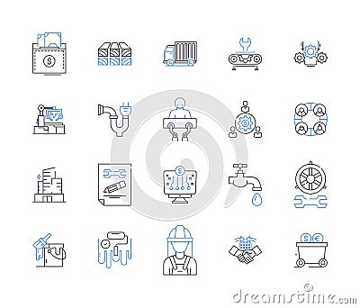 Industrial business outline icons collection. Industry, Business, Manufacturing, Factory, Industrialization, Commerce Vector Illustration