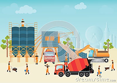 Industrial Cement Processing Plant with man worker. Vector Illustration