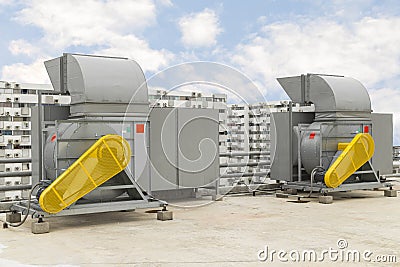 Industrial centrifugal fan and Exhaust vents of industrial air conditioning in ventilation systems. Skyscraper roof top from high Stock Photo