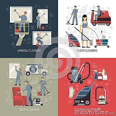 Industrial Cleaning 4 Flat Icons Square Vector Illustration