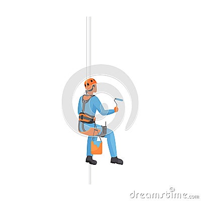 Industrial climber hanging on ropes, man in helmet holding paint roller Vector Illustration