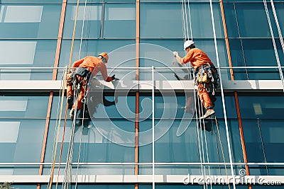 Industrial Climbers Cleaning Blue Windows Outside Building, Generative AI Illustration Stock Photo