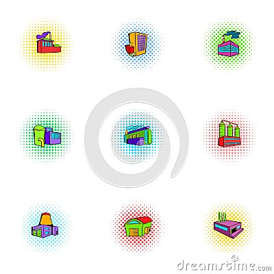 Industrial complex icons set, pop-art style Vector Illustration