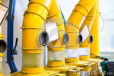 Industrial concept. Technological equipment pipes at modern pharmaceutical factory plant Stock Photo