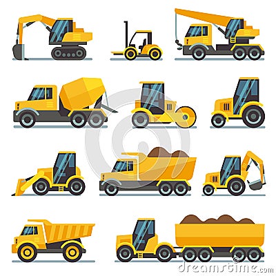 Industrial construction equipment and machinery flat vector icons Vector Illustration