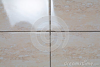 Industrial construction worker installing small ceramic tiles on bathroom walls and applying mortar with trowel Stock Photo