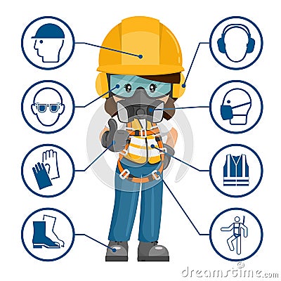 Industrial construction worker woman with personal protective equipment and safety icons, pictograms. Industrial safety and Vector Illustration