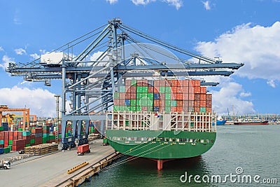 Industrial Container Cargo freight ship with working crane bridge in shipyard for Logistic Import Export background Stock Photo