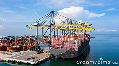 Industrial container logistics unloading import and export container terminal, Container ship carrying container with quay crane, Stock Photo
