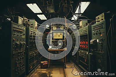 industrial control center, retro equipment in the interior of the plant workshop, manufacturing concept Stock Photo