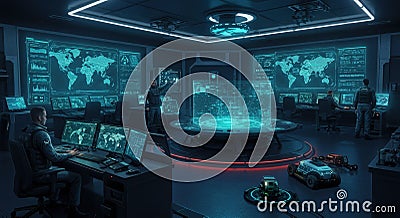 Industrial control room with multiple monitor screens, operators interacting, colorful LED lights, visible security cameras Stock Photo