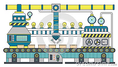 Industrial conveyor belt line flat vector illustration. Conveyor process production, conveyor with machinery robot. Vector Illustration