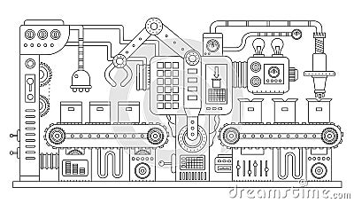 Industrial conveyor belt line outline vector illustration. Conveyor process abstract machine production. Strike line Vector Illustration