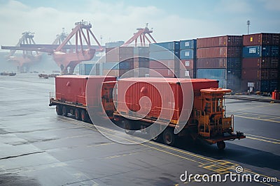 An industrial crane facilitates container loading onto a cargo freight ship Stock Photo